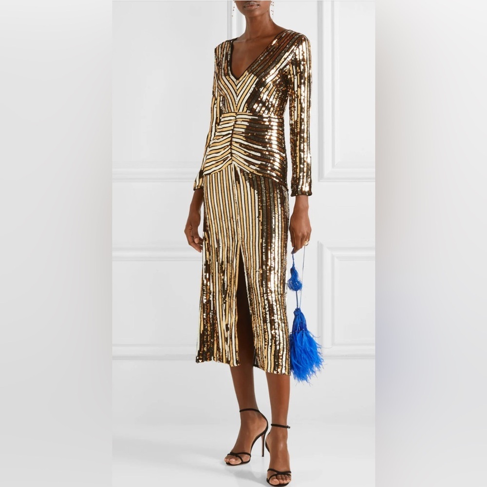 Rixo London Emmy Gold Sequin Stripe Midi Dress XL